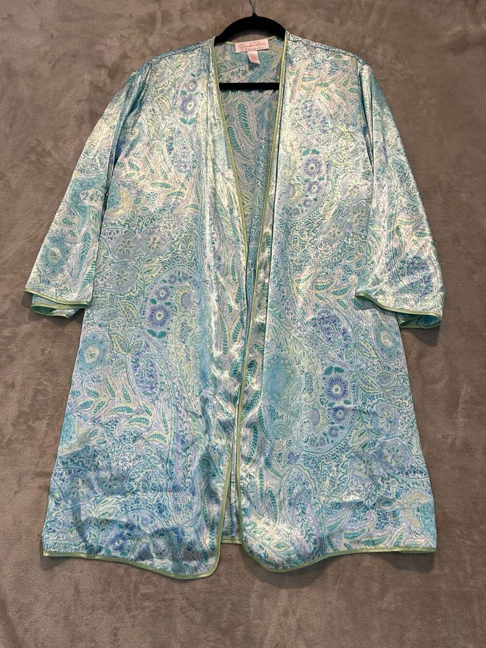 Oscar de la Renta Pink Label Blue Floral Paisley Satin Robe Size S